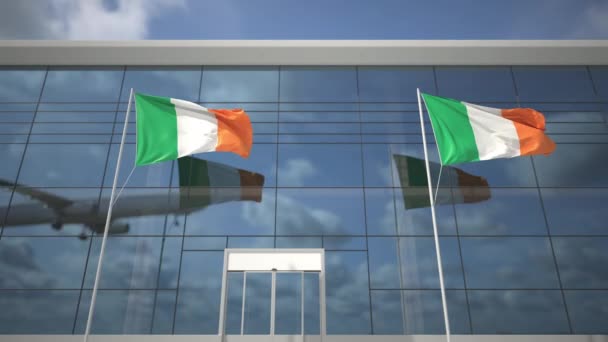 Avión de aterrizaje y banderas de Irlanda en la terminal del aeropuerto — Vídeos de Stock