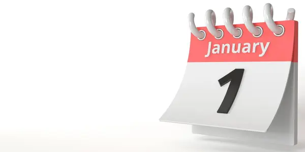 1 de enero fecha en un calendario de desgarro, 3d renderizado — Foto de Stock