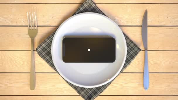 プレート上のスマートフォンの画面上のロゴ エディトリアルフード配信コンセプト3D — ストック動画
