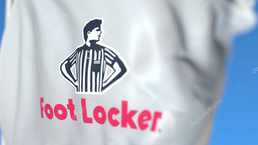Waving flag with Foot Locker logo. Editorial 3D