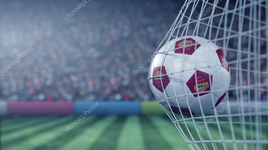 Football club logo on the football hitting goal net back. Editorial 3D