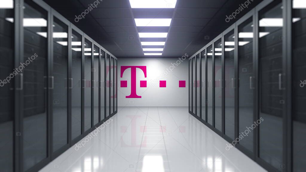 T-Mobile logo on the wall of the server room. Editorial 3D