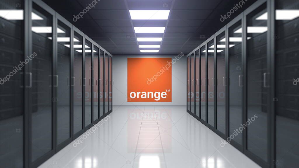 Orange S.A. logo on the wall of the server room. Editorial 3D