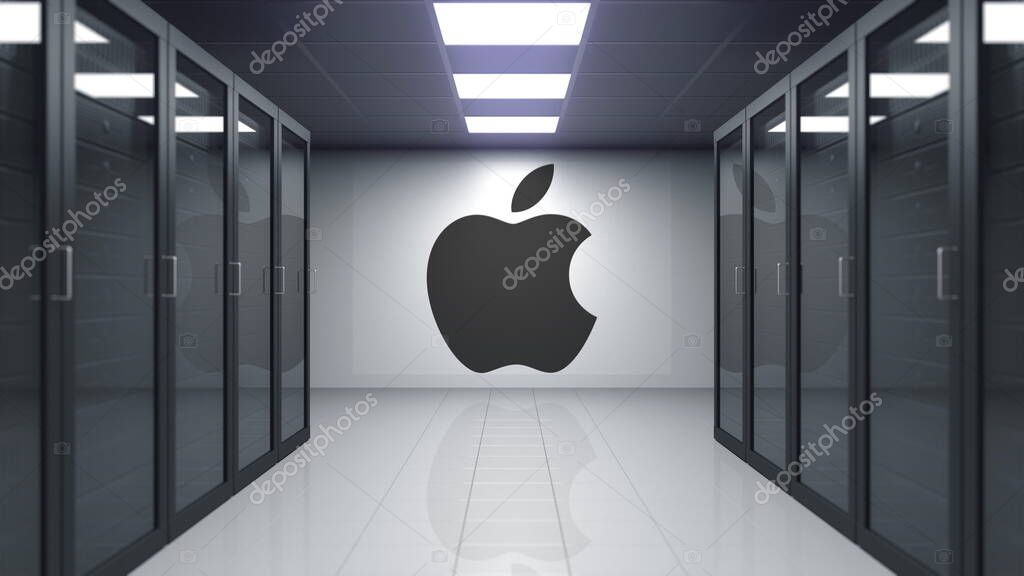 Apple Inc. logo on the wall of the server room. Editorial 3D