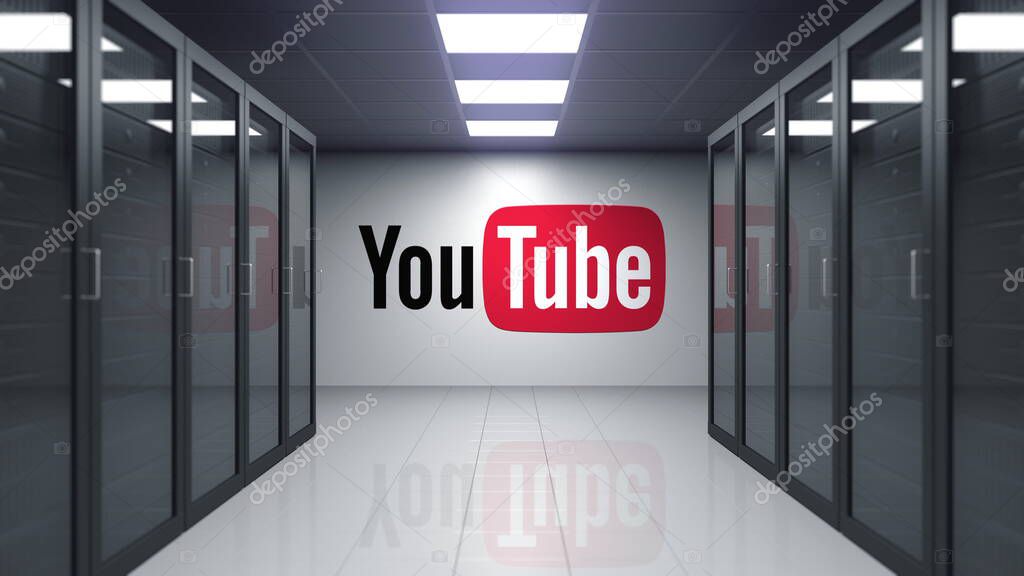 YouTube logo on the wall of the server room. Editorial 3D