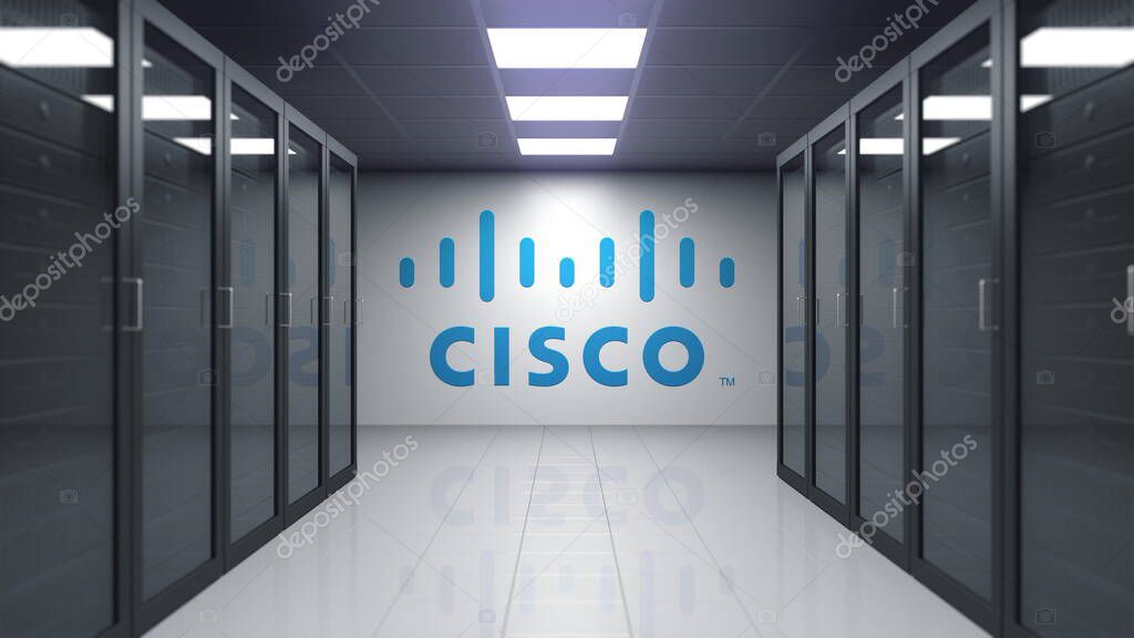 Cisco Systems logo on the wall of the server room. Editorial 3D