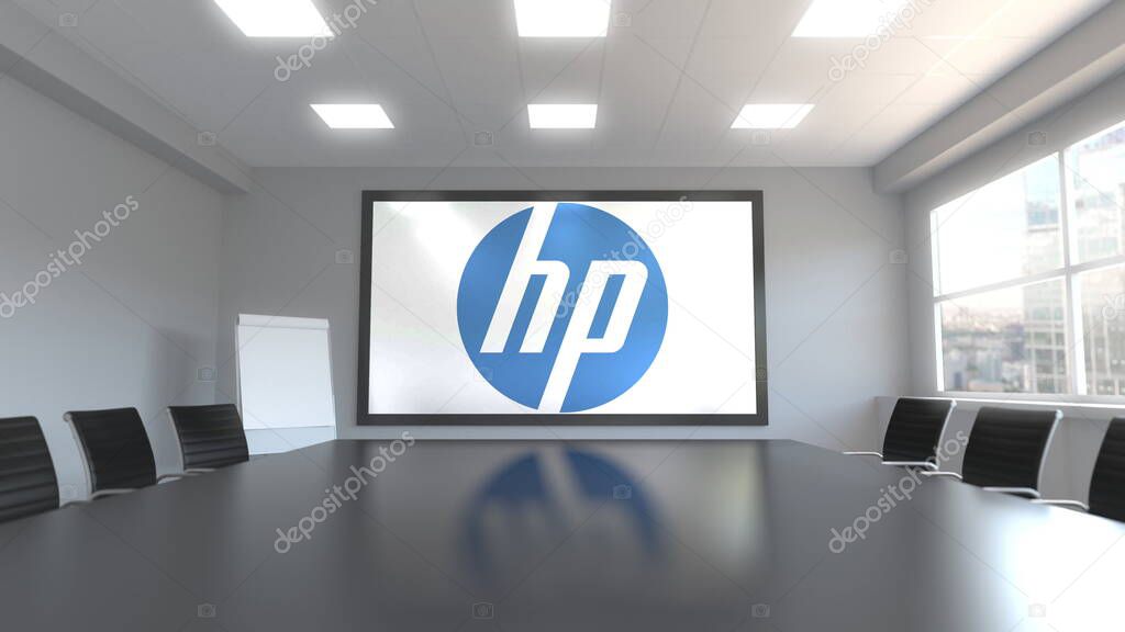 Logo on the screen in a meeting room. Editorial 3D