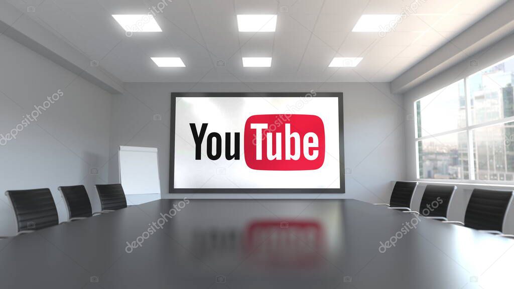 Logo on the screen in a meeting room. Editorial 3D