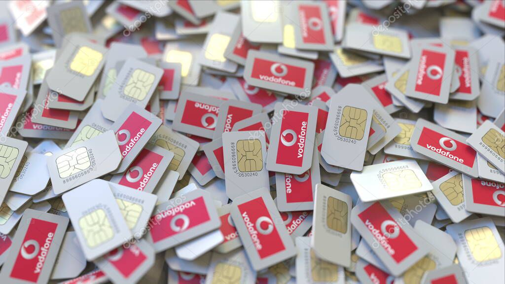 Pile of SIM cards with logo. Editorial 3D