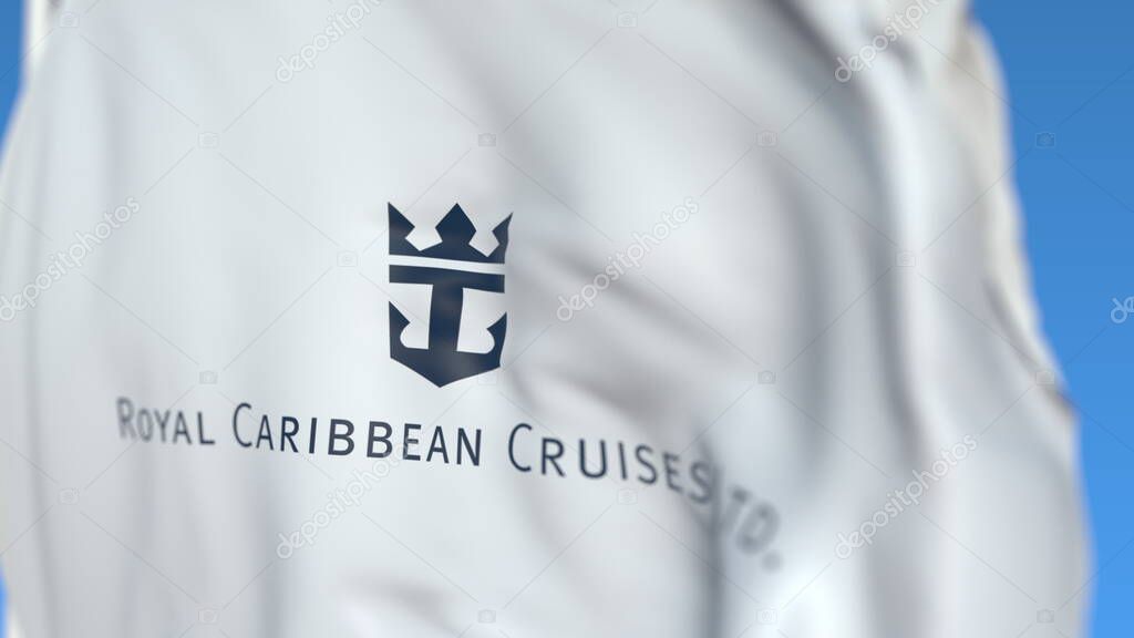 Waving flag with Royal Caribbean Cruises Ltd logo. Editorial 3D