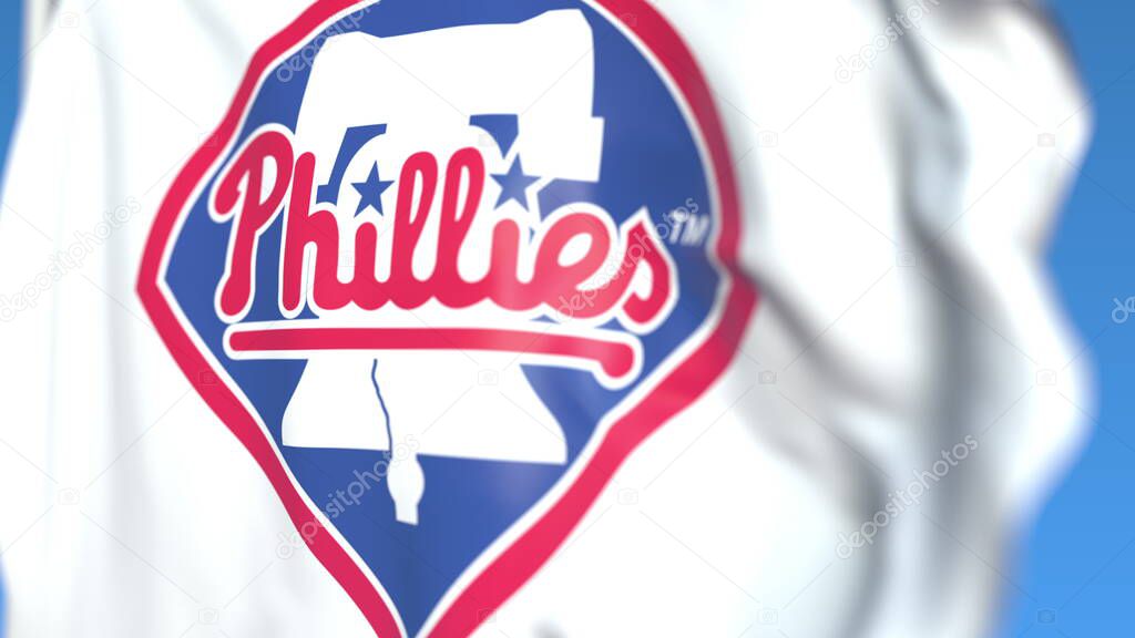 Waving flag with Philadelphia Phillies professional team logo. Editorial 3D