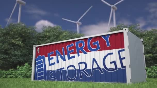 Průmyslová Baterie Vlajkou Textem Energy Skorage Větrných Turbínách — Stock video