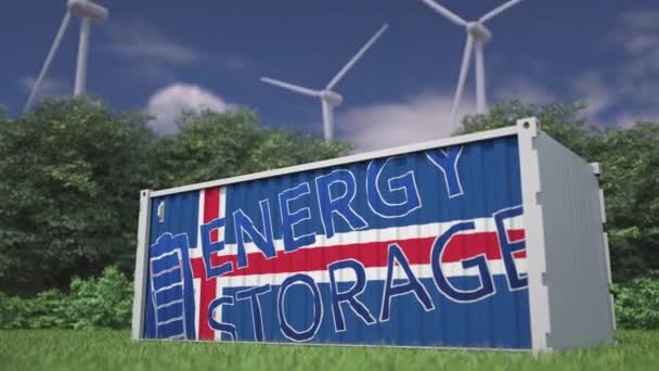 Průmyslová Baterie Vlajkou Textem Energy Skorage Větrných Turbínách — Stock video