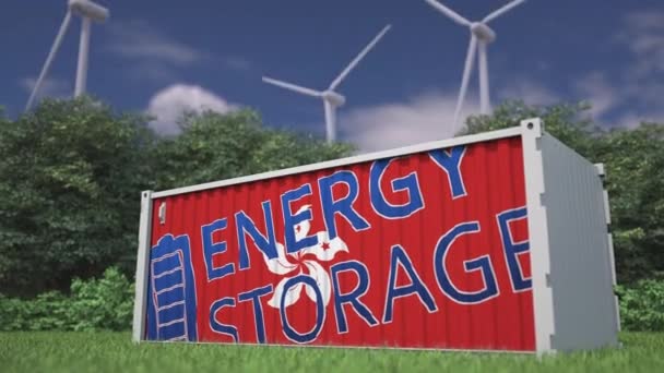 Bandeira Energia Armazenamento Texto Recipiente Bateria Turbinas Eólicas — Vídeo de Stock