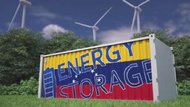 風力タービンのバッテリー容器のフラグとエネルギーストレージテキスト — ストック動画
