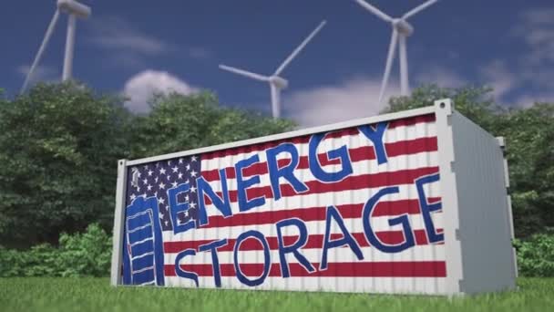 Bateria Industrial Com Bandeira Texto Energy Storage Turbinas Eólicas — Vídeo de Stock