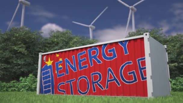 Vlaggen Energie Opslagtekst Een Batterijhouder Bij Windturbines — Stockvideo