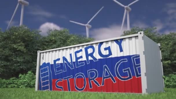 Industrial Battery Flag Energy Storage Text Wind Turbines — Stock Video