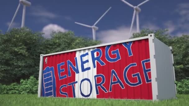 Bandeira Energia Armazenamento Texto Recipiente Bateria Turbinas Eólicas — Vídeo de Stock