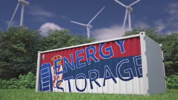 Almacenamiento Bandera Energía Texto Contenedor Batería Turbinas Eólicas — Vídeo de stock