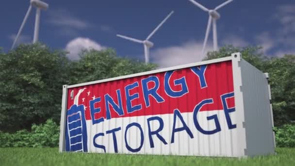 Bandeira Energia Armazenamento Texto Recipiente Bateria Turbinas Eólicas — Vídeo de Stock