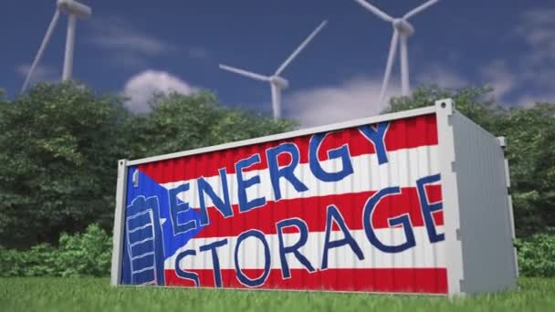Bandeira Energia Armazenamento Texto Recipiente Bateria Turbinas Eólicas — Vídeo de Stock