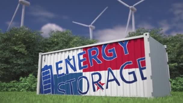 Batería Industrial Con Bandera Texto Almacenamiento Energético Turbinas Eólicas — Vídeos de Stock