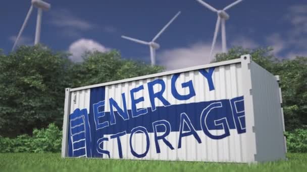 Ipari Akkumulátor Zászló Energy Storage Szöveg Szélturbinák — Stock videók