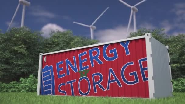 Κείμενο Σημαίας Και Energy Storage Δεξαμενή Μπαταριών Ανεμογεννήτριες — Αρχείο Βίντεο