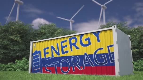 Text Vlajky Energie Uchovávání Nádrži Baterie Větrných Turbín — Stock video