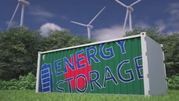 Batería Industrial Con Bandera Texto Almacenamiento Energético Turbinas Eólicas — Vídeo de stock