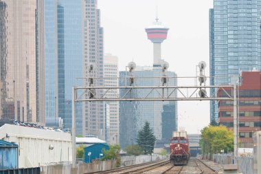 September 19 2020 - Calgary Alberta Canada - Train passing through downtown Calgary