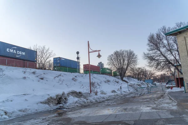 17 maart 2022 - Winnipeg Manitba Canada - Trein locomotief met containers gaat over een brug — Stockfoto