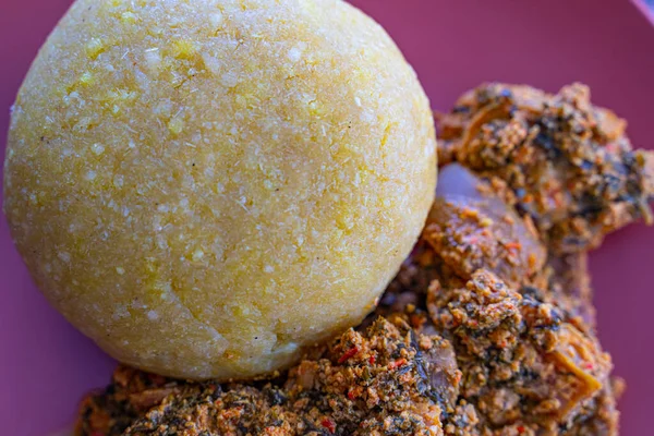 Nigeryjski Egusi Mellon Zupa Okele Garri — Zdjęcie stockowe