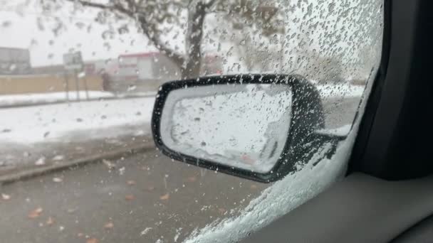 Car Vehicle Side Mirror Winter Snowstorm — Vídeos de Stock