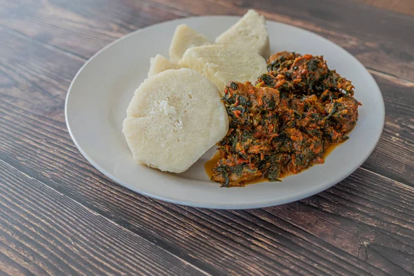 Plate Boiled Yam Spicy Vegetable Sauce — Φωτογραφία Αρχείου