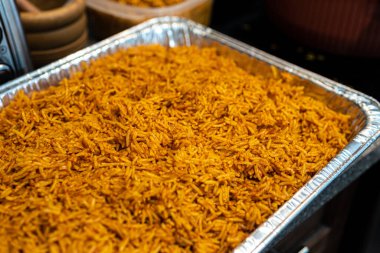 Tray of Nigerian jollof rice ready to serve
