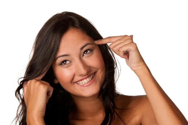 Pretty positive woman happy smile think looking up to empty copy — Stock Photo, Image