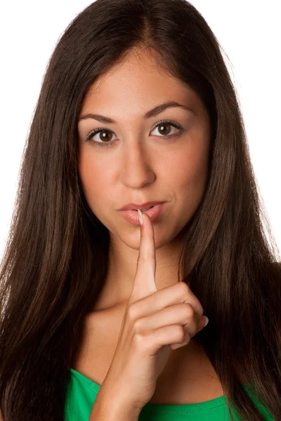 Portrait of attractive young woman calling for silence.? — Stock Photo, Image