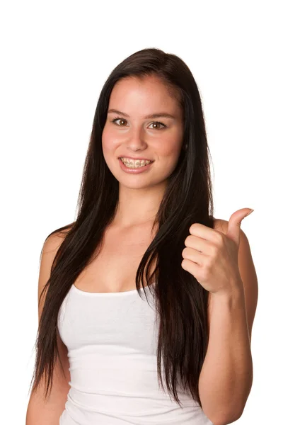 Atractiva joven mujer mostrando el pulgar hacia arriba —  Fotos de Stock