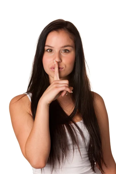 Portrait of attractive young woman calling for silence.? — Stock Photo, Image