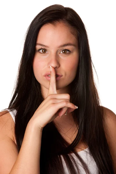 Portrait of attractive young woman calling for silence.? — Stock Photo, Image