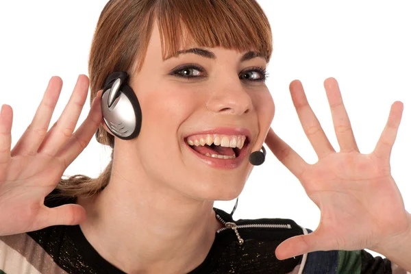 Un operador telefónico amigable aislado en blanco . — Foto de Stock