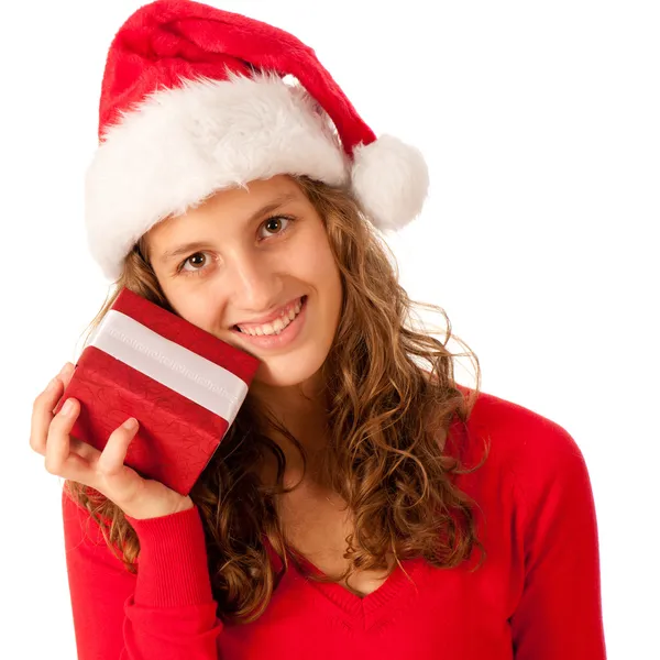 Hermosa chica vestida como Santa Claus con regalos de Navidad —  Fotos de Stock