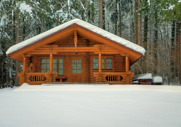 Dřevěná chata v zasněženém lese — Stock fotografie