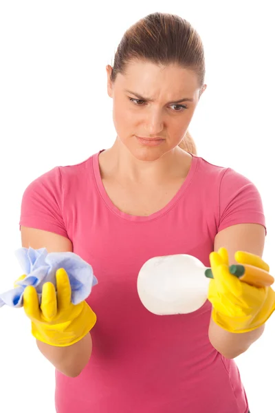 Genç bir kadın beyaz arka plan üzerinde izole temizlik — Stok fotoğraf