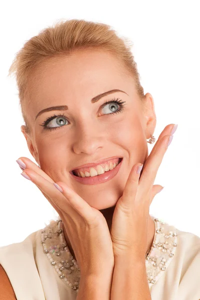 Beautiful young woman touching skin on her face — Stock Photo, Image