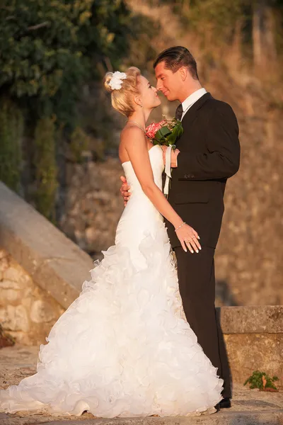 Novia y novio en un parque al aire libre - Pareja casada — Foto de Stock