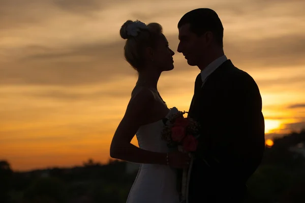 Gelin ve damat evning gökyüzü üzerinde silüeti — Stok fotoğraf