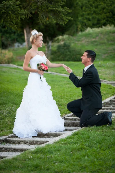 Bride and groom in a park outdoor - Married couple Stock Image